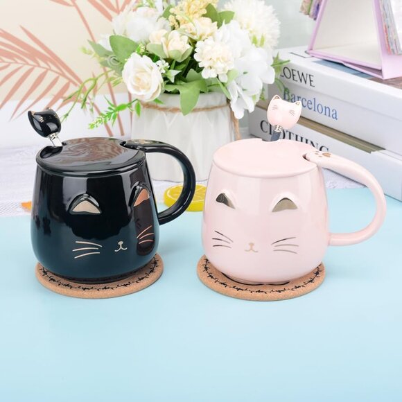 Pink Ceramic Coffee mug Cute Cat Handmade Tea Cups with Stainless Steel Spoon Ki - Picture 6 of 7